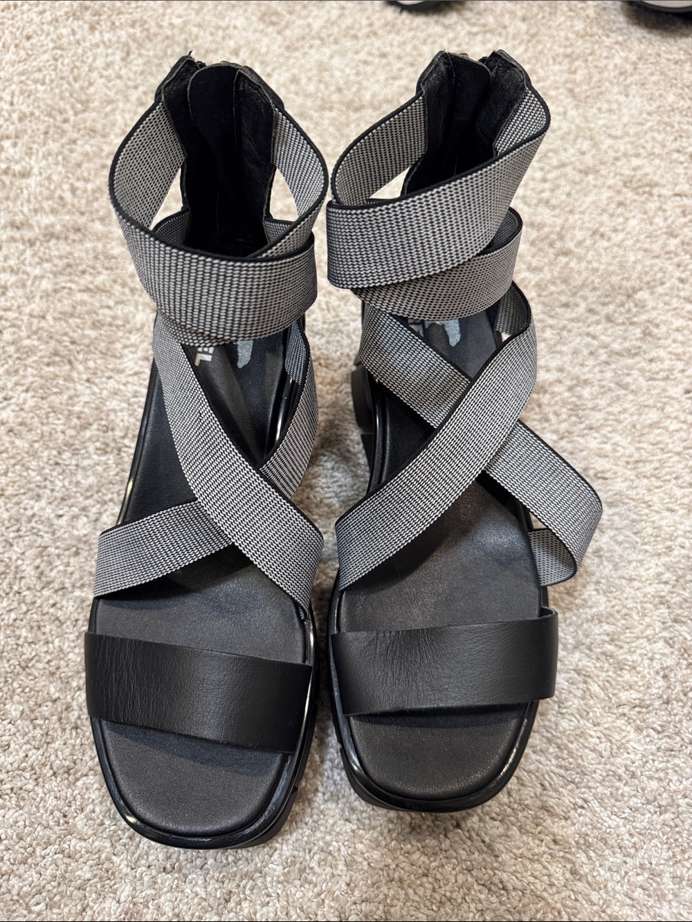 Sorel Black Sandals with Gray Crisscross Straps